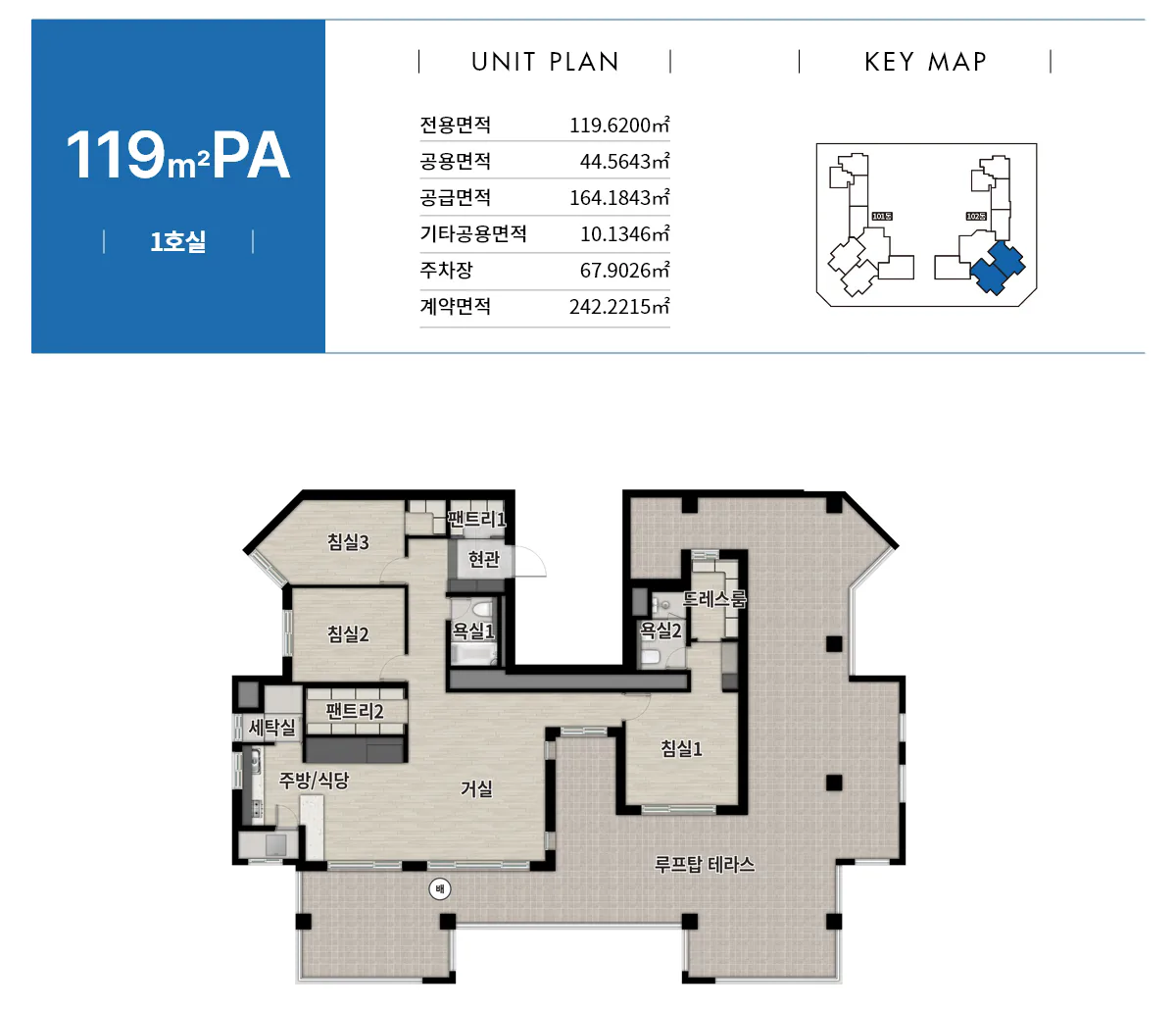 영통역 우미 린 119m² PA · 펜트하우스 평면도 · 전용면적 119.62㎡ · 공급면적 164.18㎡ · 계약면적 242.22㎡ · 1호 공급 · 3Bed 2Bath · 루프탑 테라스 포함 펜트하우스